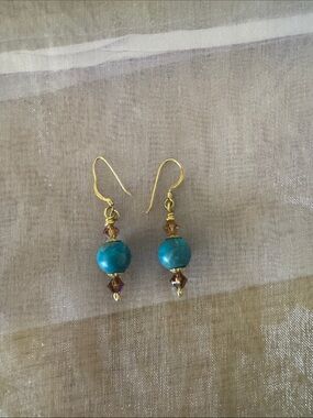 Gold-Tone Turquoise Bead Drop Earrings with Amber Crystal Accents
